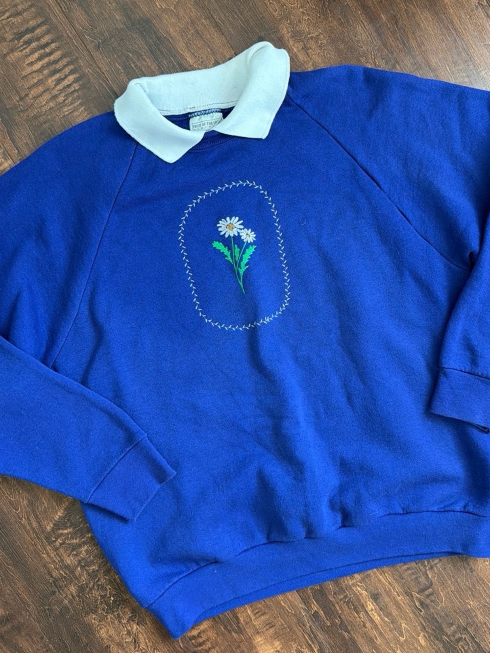 Men's Blue Floral Embroidered Pullover Sweater with White Collar